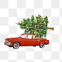 Car carrying Christmas tree png, collage art on transparent background. Remixed by rawpixel.