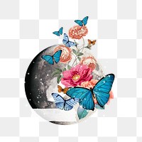 Floral moon butterfly png, surreal collage art, transparent background