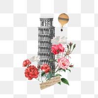 Tower of Pisa png, floral travel collage, transparent background. Remixed by rawpixel.