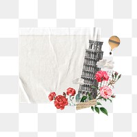 Tower of Pisa png note paper, floral travel collage, transparent background. Remixed by rawpixel.