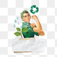 Environmentalist png woman flexing muscle collage art, transparent background. Remixed by rawpixel.