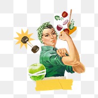 Flexing woman png, healthy diet & wellness collage, transparent background. Remixed by rawpixel.