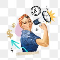 Investor finding png, woman holding megaphone, finance, transparent background. Remixed by rawpixel.