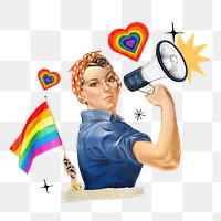LGBT png woman activist holding pride flag, transparent background. Remixed by rawpixel.