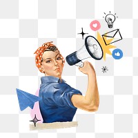 Woman holding png megaphone, social media vintage, transparent background. Remixed by rawpixel.