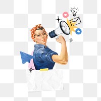 Woman holding png megaphone, note paper, social media vintage, transparent background. Remixed by rawpixel.