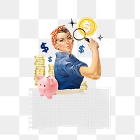 Money saving png solution note paper, woman holding magnifying glass collage, transparent background. Remixed by rawpixel.