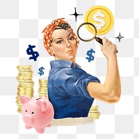 Money saving solution png, woman holding magnifying glass collage, transparent background. Remixed by rawpixel.