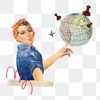 Woman pinning globe png, travel collage, transparent background. Remixed by rawpixel.