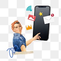 Woman using png smartphone, social media, transparent background. Remixed by rawpixel.