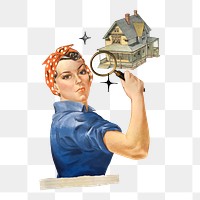 House searching png, woman holding magnifying glass, transparent background. Remixed by rawpixel.