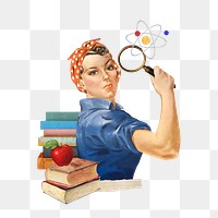 Science education png, woman holding magnifying glass collage, transparent background. Remixed by rawpixel.