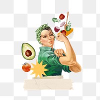 Flexing woman png, healthy diet & wellness collage, transparent background. Remixed by rawpixel.