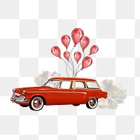 Floating car png with balloons, celebration graphic, transparent background