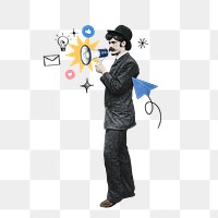 Man holding png megaphone, social media, transparent background. Remixed by rawpixel.