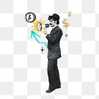 Investor finding png, man holding megaphone, finance, transparent background. Remixed by rawpixel.