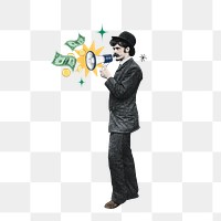 Investor finding png, man holding megaphone, finance, transparent background. Remixed by rawpixel.