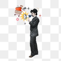 Man holding png megaphone, shopping announcement, transparent background. Remixed by rawpixel.