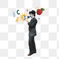 English education png, man holding magnifying glass collage, transparent background. Remixed by rawpixel.