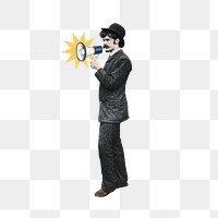 Businessman png holding megaphone, vintage, transparent background. Remixed by rawpixel.