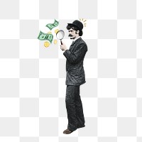 Investor finding png, man holding magnifying glass, finance, transparent background. Remixed by rawpixel.