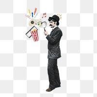 Man png holding magnifying glass, entertainment collage art, transparent background. Remixed by rawpixel.