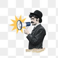 Businessman png holding megaphone, vintage, transparent background. Remixed by rawpixel.