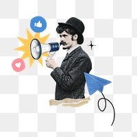 Man holding megaphone png, social media, transparent background. Remixed by rawpixel.