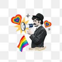 LGBT png man activist holding pride flag, transparent background. Remixed by rawpixel.