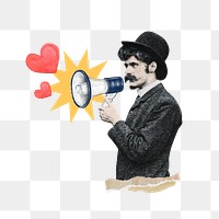 Valentine's celebration png element, man holding megaphone collage, transparent background. Remixed by rawpixel.