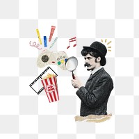 Man png holding magnifying glass, entertainment collage art, transparent background. Remixed by rawpixel.