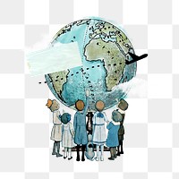 Children png looking at globe, travel collage, transparent background. Remixed by rawpixel.