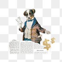 Business investor png, dog holding money collage, transparent background. Remixed by rawpixel.