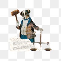 Dog holding gavel png, justice scale, transparent background. Remixed by rawpixel.