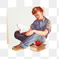 Little boy png reading book, note paper, education collage, transparent background. Remixed by rawpixel.