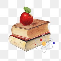 Science education png, apple on stacked books, transparent background. Remixed by rawpixel.