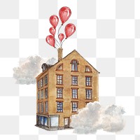 Floating building png, vintage balloons, transparent background. Remixed by rawpixel.