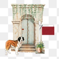 Vintage cafe png entrance, dog, transparent background. Remixed by rawpixel.