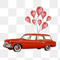 Floating car png with balloons, celebration graphic, transparent background