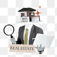 Real estate word png sticker, property head businessman remix on transparent background