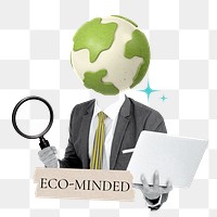 Eco-minded word png sticker, globe head businessman remix on transparent background