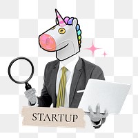 Startup word png sticker, unicorn head businessman remix on transparent background