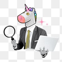 Unicorn head businessman png sticker, startup business concept on transparent background