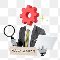 Management word png sticker, cogwheel head businessman remix on transparent background