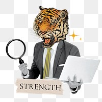 Strength word png sticker, tiger head businessman remix on transparent background