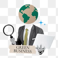 Green business word png sticker, globe head businessman remix on transparent background