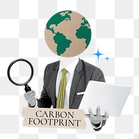 Carbon footprint word png sticker, globe head businessman remix on transparent background