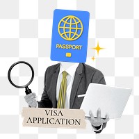 Visa application word png sticker, passport head businessman remix on transparent background