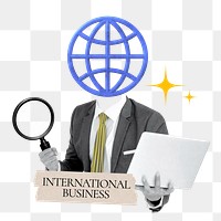 International business word png sticker, grid globe head businessman remix on transparent background