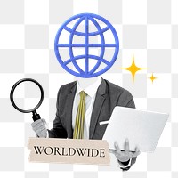 Worldwide word png sticker, grid globe head businessman remix on transparent background